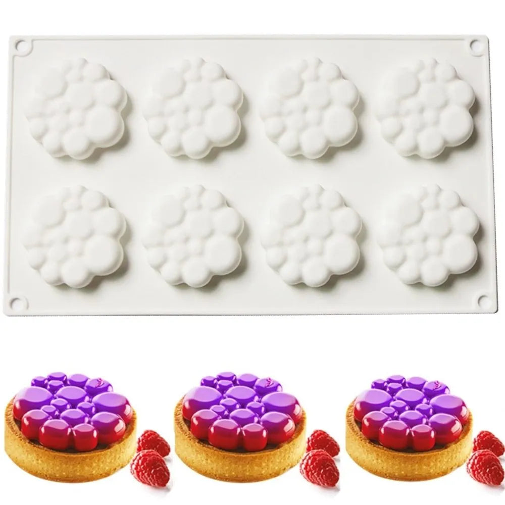 Round silicone cake mould with 8-bubble tower pattern design for baking and dessert preparation