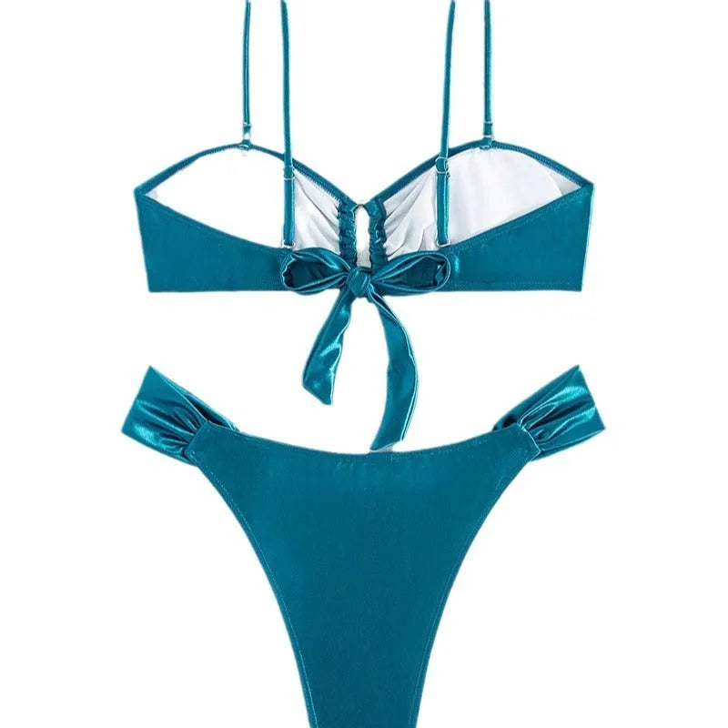 Women's solid colour glossy bikini swimsuit in blue or black, sizes S-XL, briefs style with Polyester lining