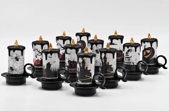 Halloween LED candle light, acrylic cylindrical oil-lamp style with horror stickers, 7 cm x 8.5 cm