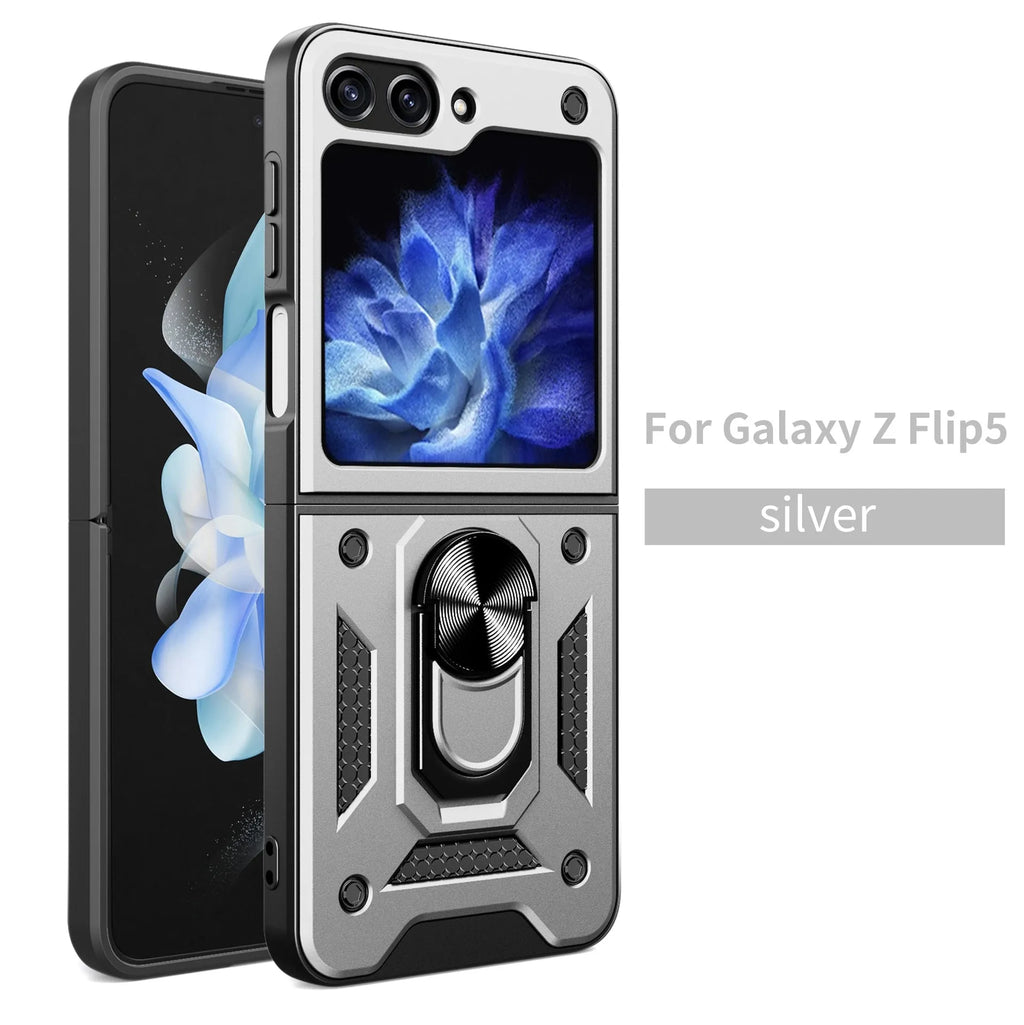 Shunjia sliding window mirror phone case for Samsung Z Flip and Z Fold, black colour, with bracket and mirror closed