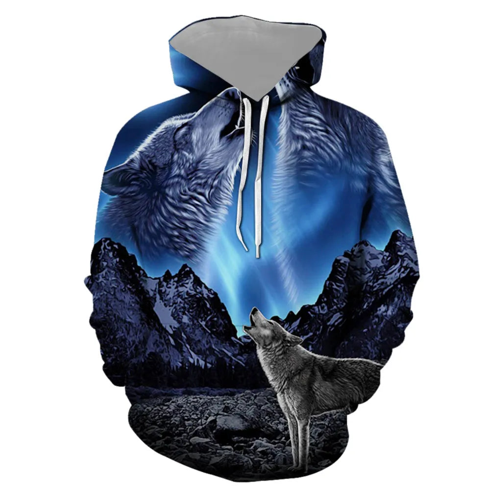 Blue digital print hooded sweatshirt for couples, loose fit, 3D effect, sizes XS to 4XL, polyester.
