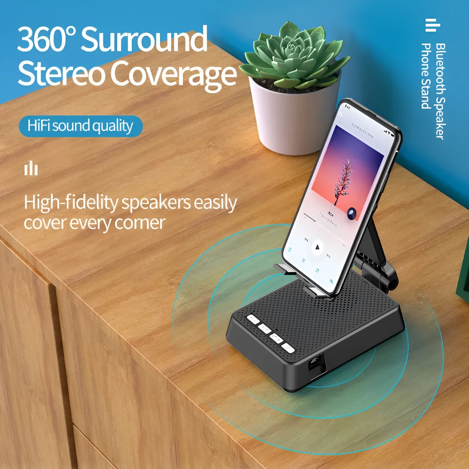 Black mobile phone desk stand with integrated Bluetooth speaker and microphone for live streaming