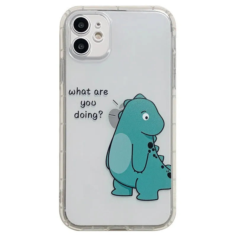 Transparent iPhone case with dinosaur design showing airbag anti-fall protection