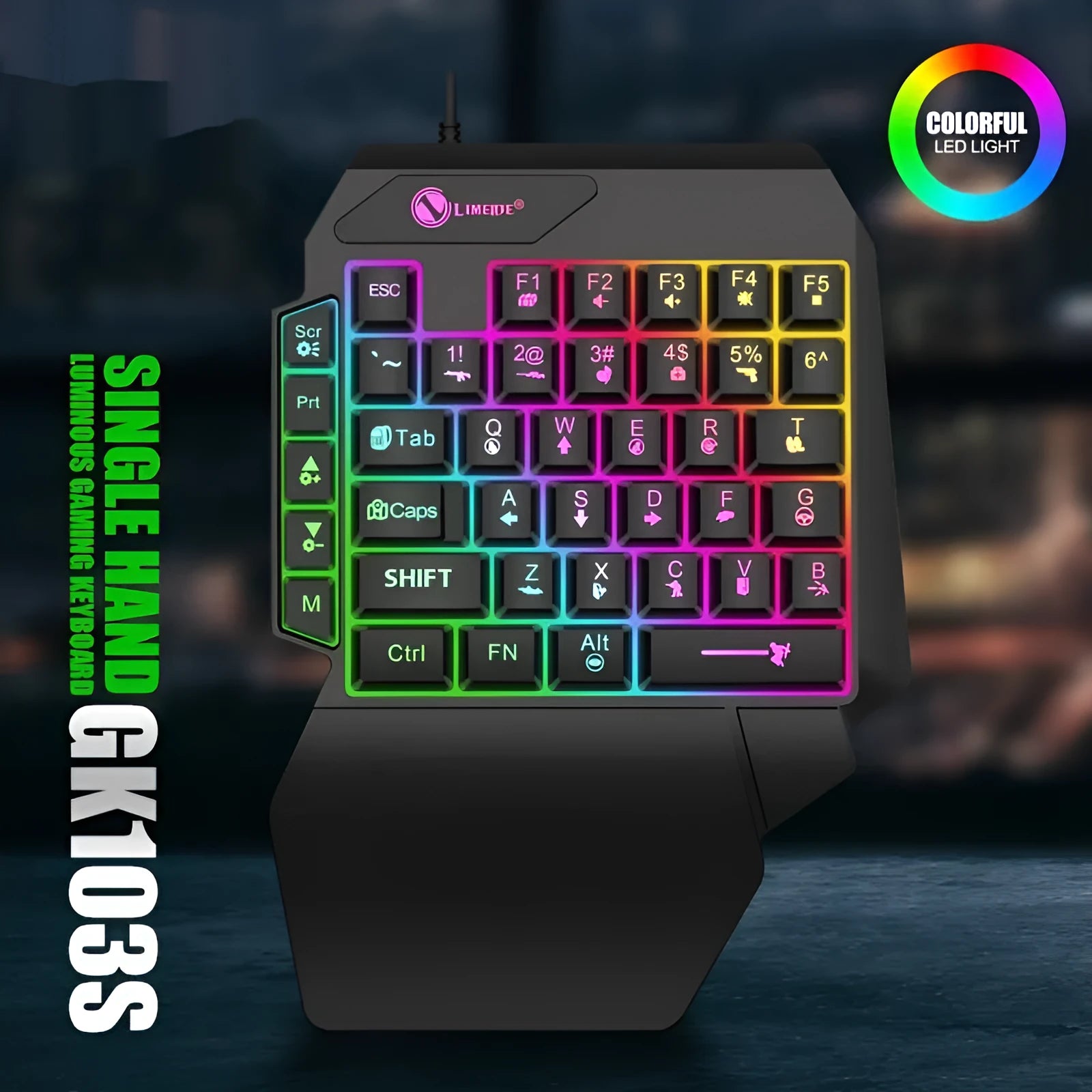 GK103S one-handed mechanical gaming keyboard with black ABS case and detachable cable