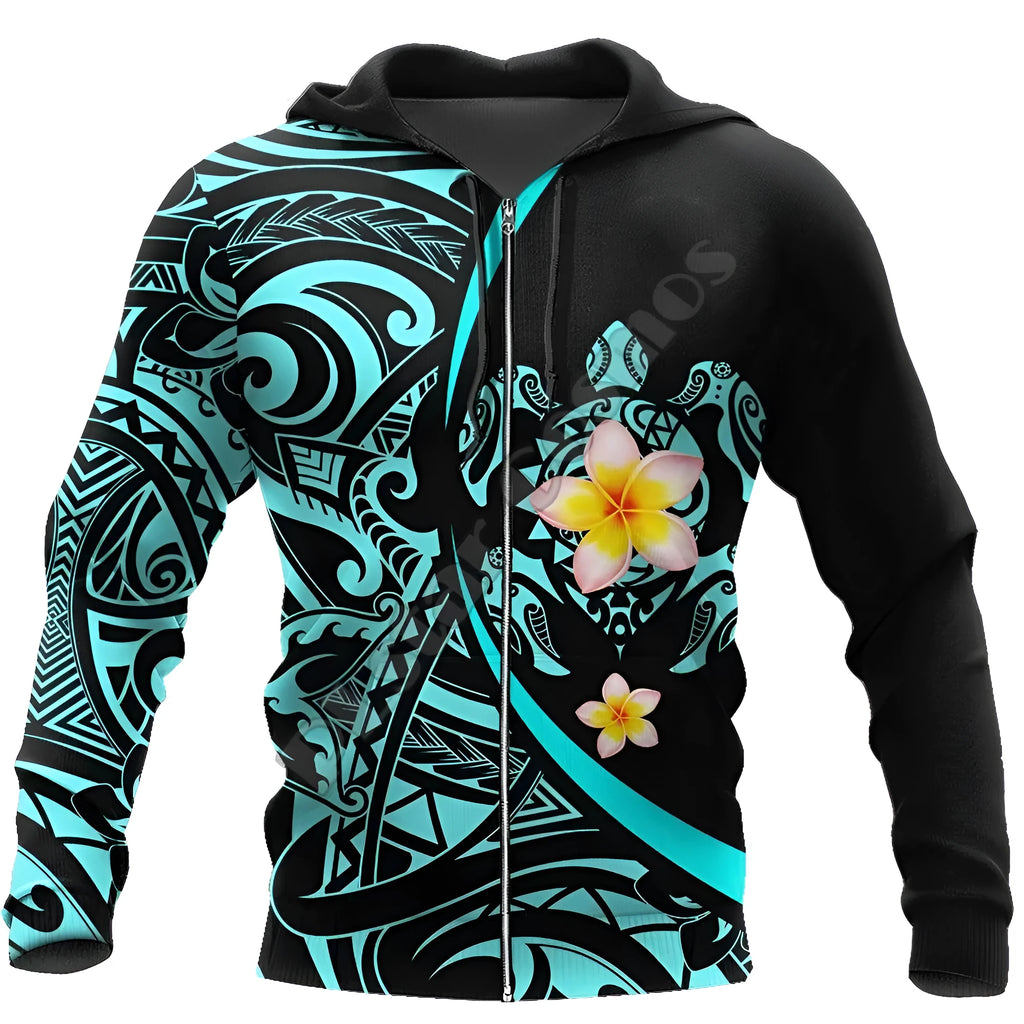 Turtle print 3D zipper hoodie in loose fit, long sleeves, hooded round neck, polyester, sizes XS-7XL