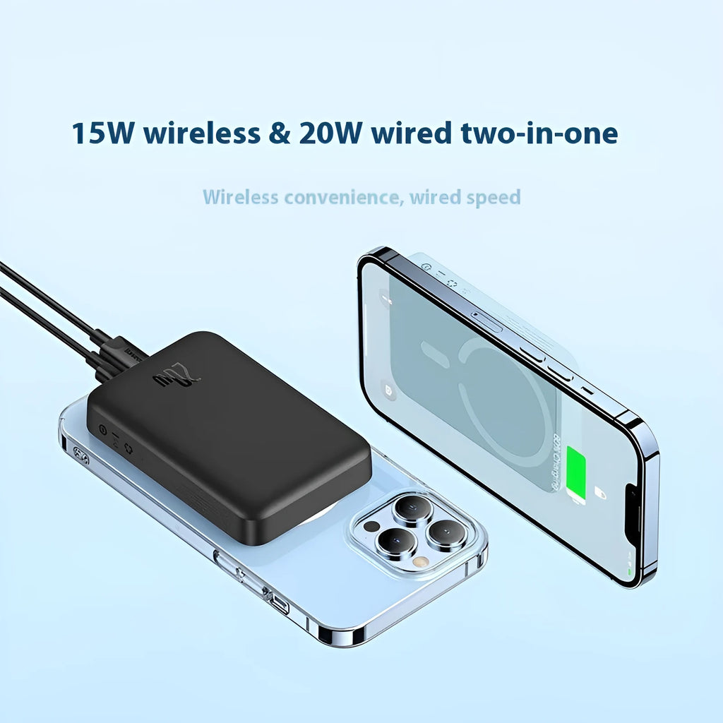 Magnetic wireless fast charging power bank with silicone shell in multiple colours showing compact dimensions