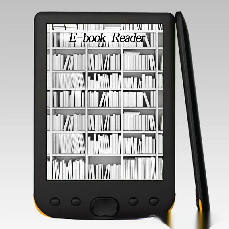 Black 6-inch e-ink screen e-book reader with multiple memory configuration options displayed
