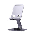 Desktop folding aluminium alloy phone stand in Gun Gray with upright smartphone