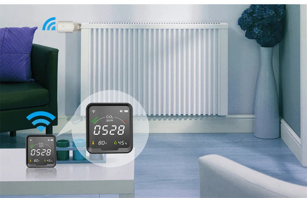 Front view of black LED colour screen WiFi temperature humidity and CO2 sensor with display