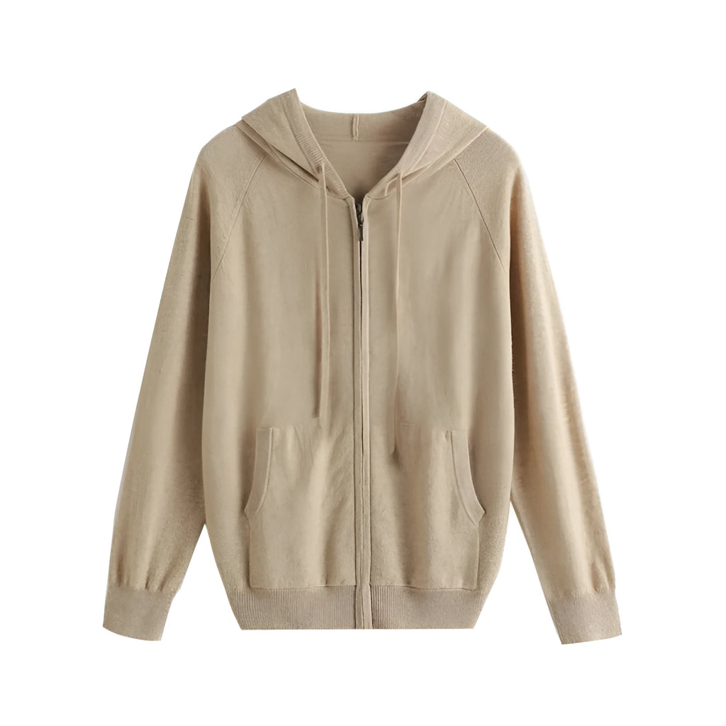 Men's grey hooded cashmere cardigan with full-length zipper showing regular fit design