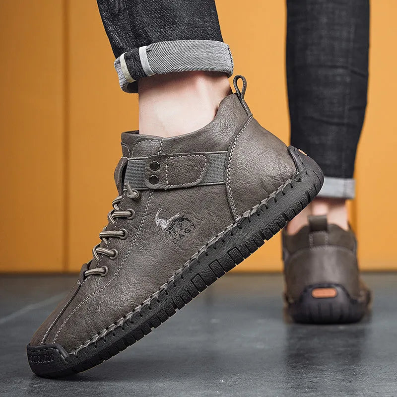 Men's casual sneakers in black with microfiber upper, rubber sole, lace-up front, and car stitching detail