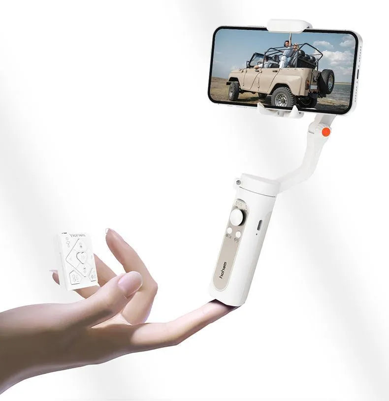 Black or white 3-axis phone stabiliser shown folded to its compact size.
