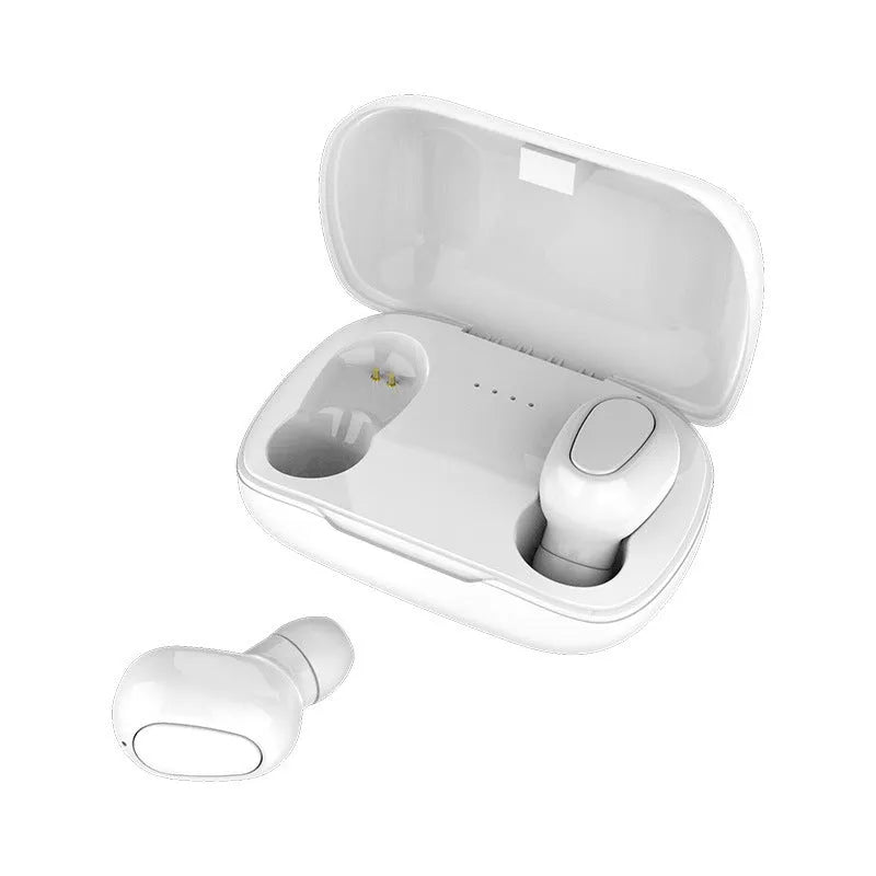 Black, pink, and white TWS Bluetooth wireless earbuds showing left and right earpieces.