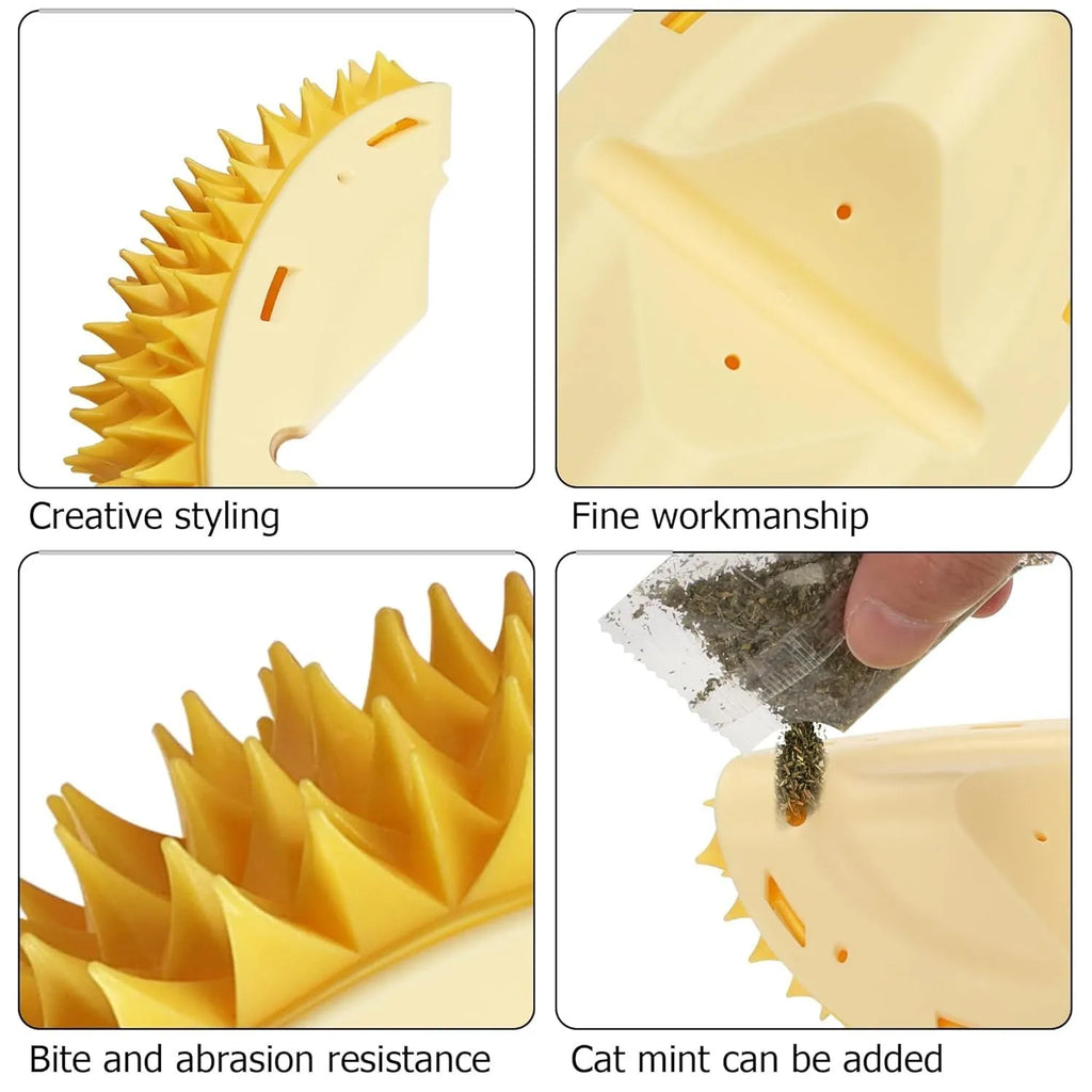 Yellow durian-shaped cat corner scratcher with textured surface and included mint powder packet