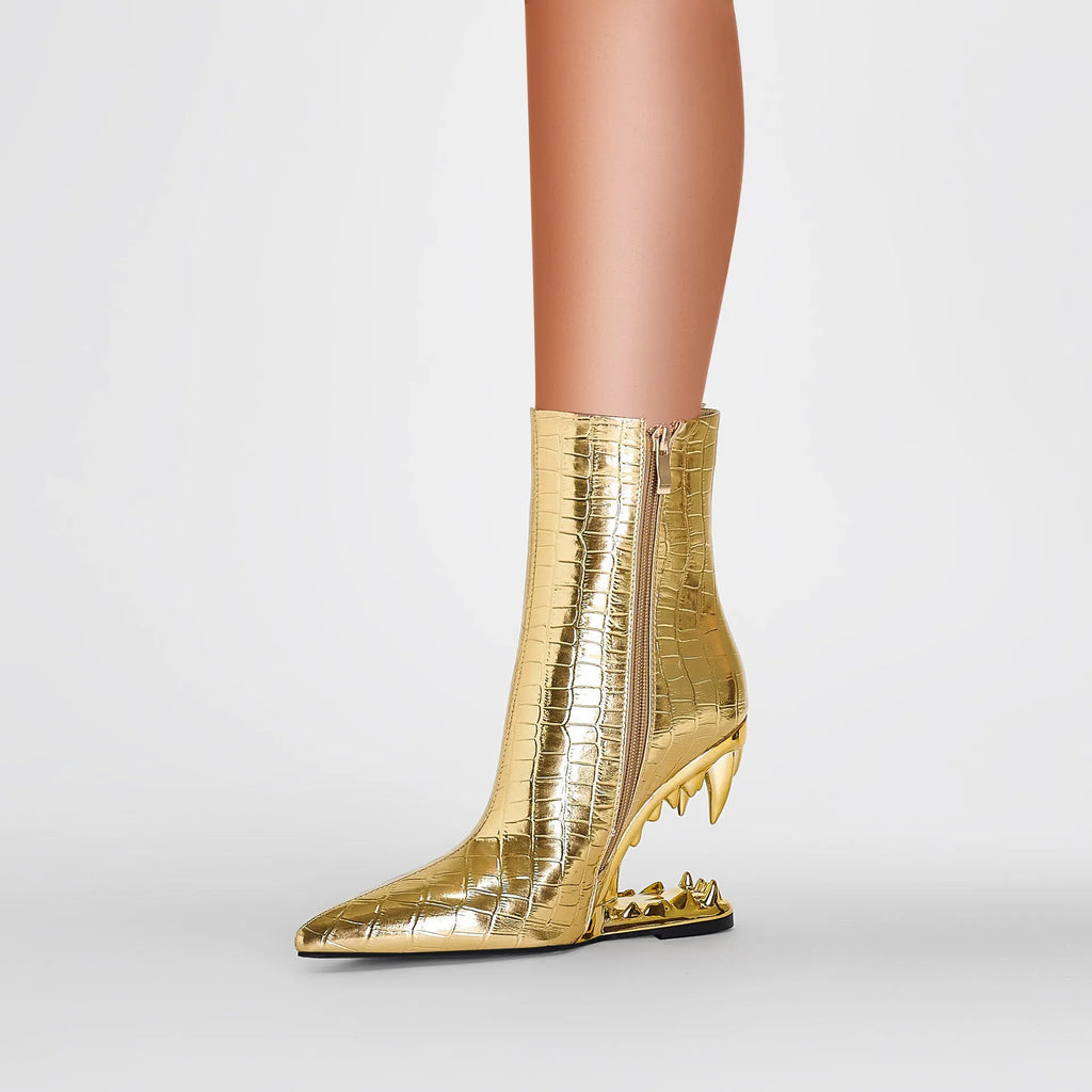 Gold women's pointed tiger tooth heel wedge shoes with side zipper and rubber sole