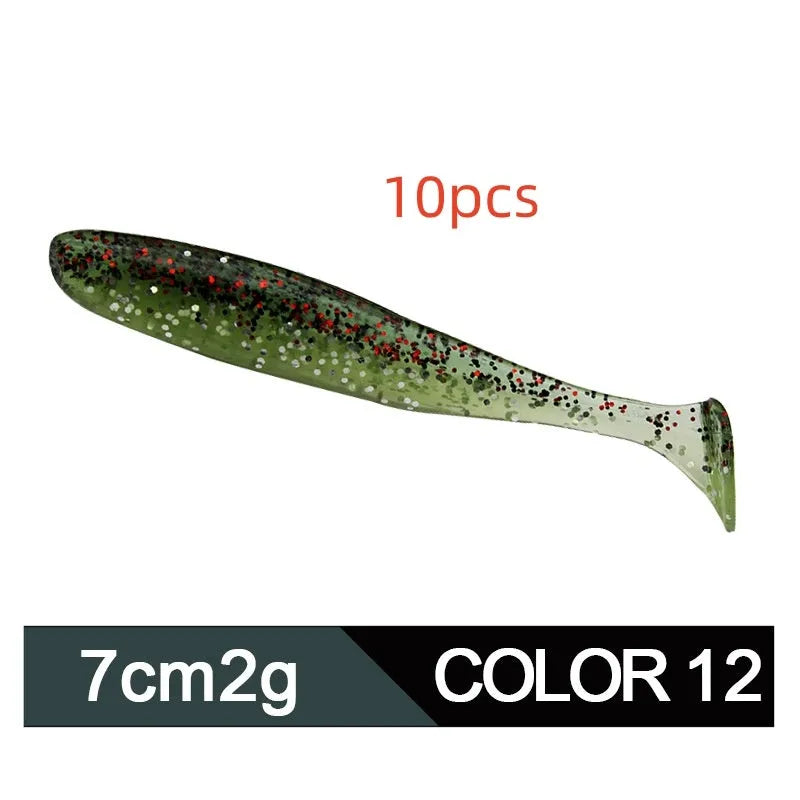 Two-tone soft plastic T-tail fishing lure measuring 7cm, shown in multiple colour variations.