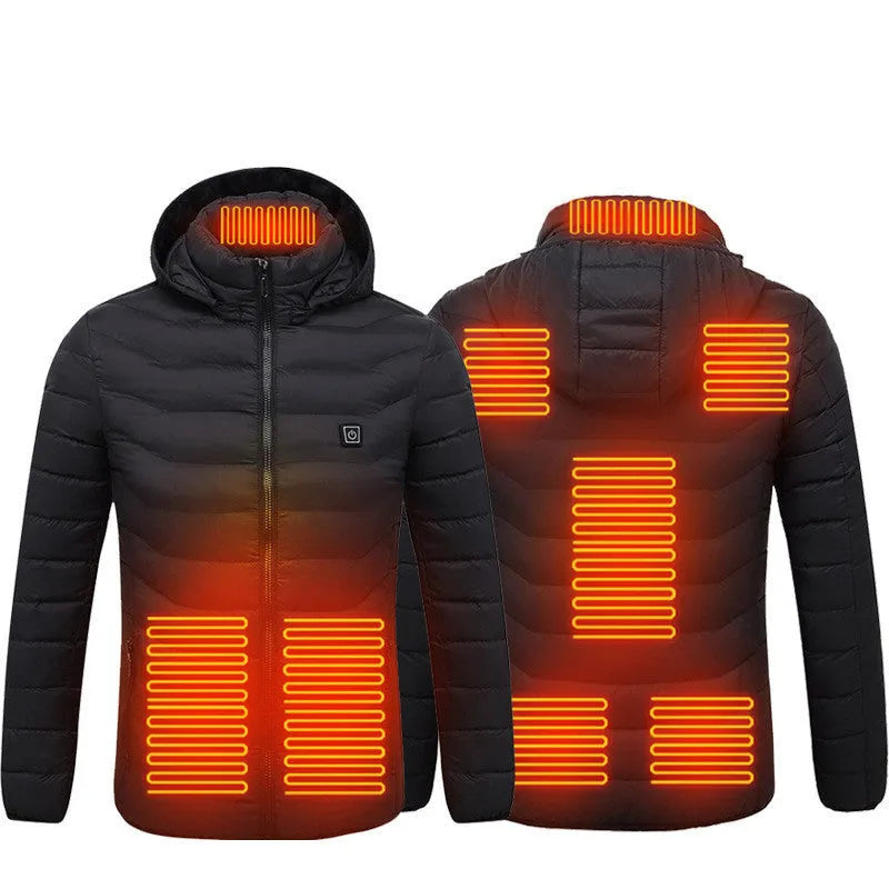Black USB heated jacket with removable hood on a model showing front view and elastic cuffs