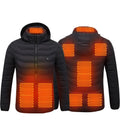 Black USB heated jacket with removable hood on a model showing front view and elastic cuffs