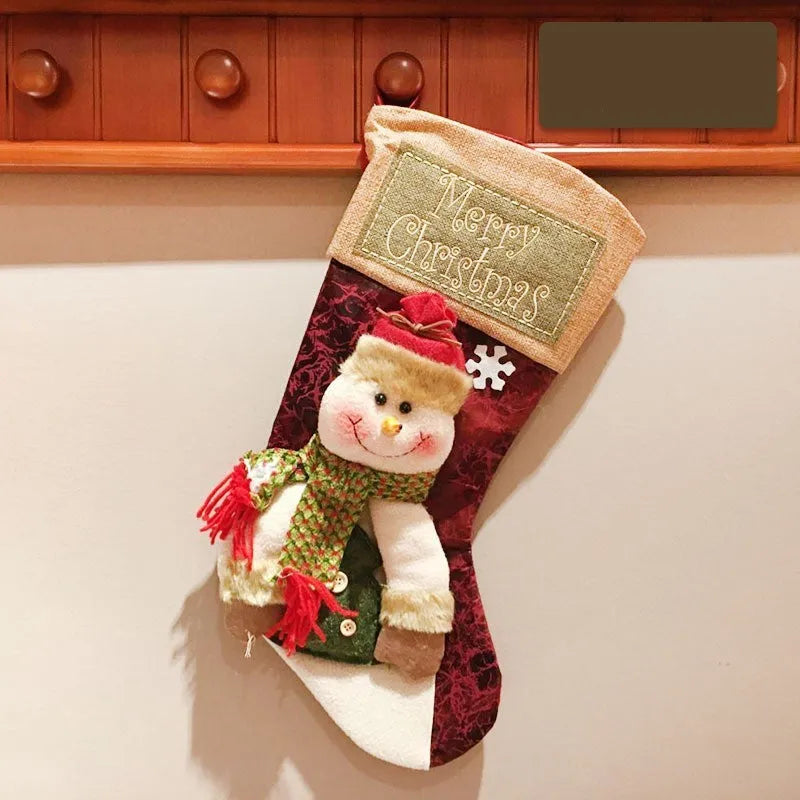 Cloth Christmas stocking with 3D applique design, sturdy hanging loop, and mixed colours for holiday decoration