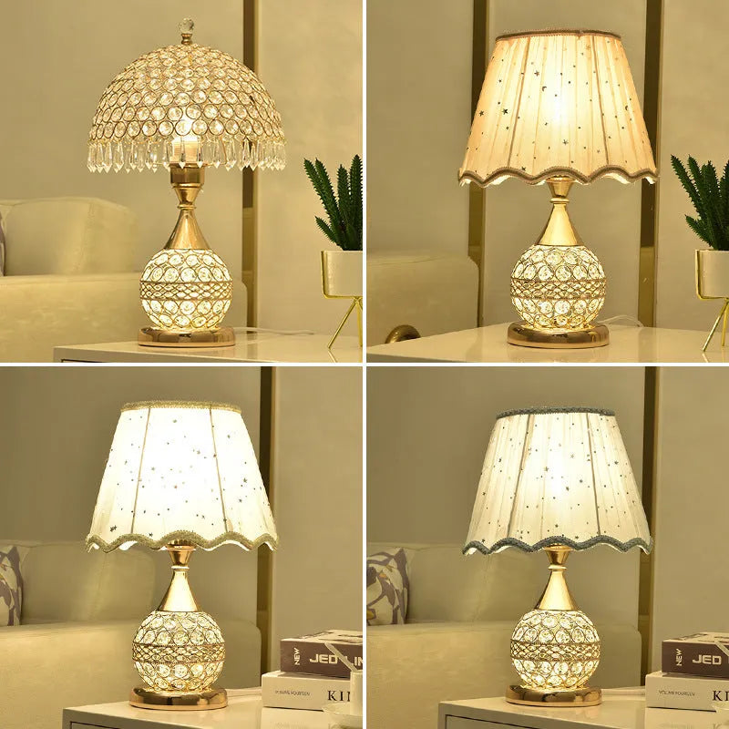 Gold crystal desk lamp with hand-finished pendant and iron art base on wooden surface