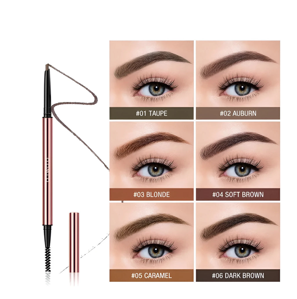 Eyebrow make-up pencil in colour box with six shade options including auburn and taupe.