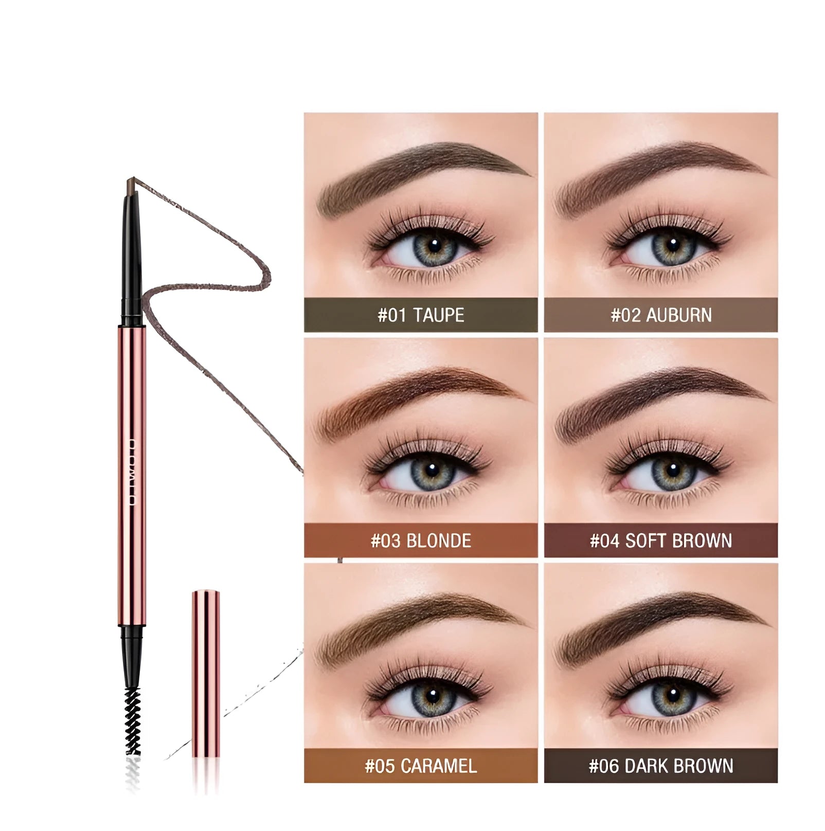 Eyebrow make-up pencil in colour box with six shade options including auburn and taupe.