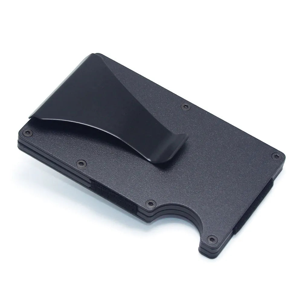 Geometric card holder in black carbon fibre showing slim 8mm profile and card capacity