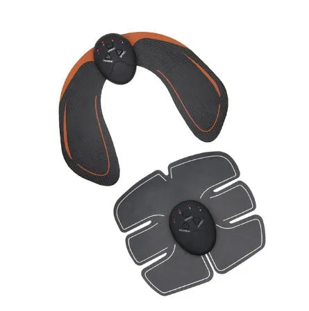 Compact EMS hip muscle training stimulator device with adhesive gel pads for buttocks and abdomen.