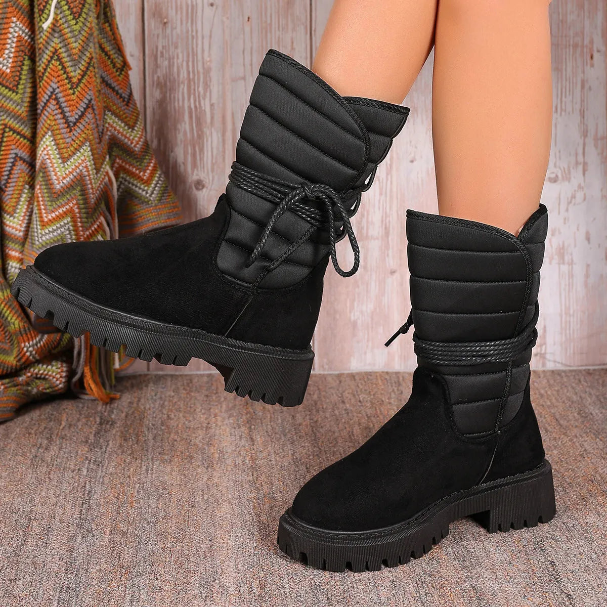 Women's black suède chunky heel snow boots with lace-up design and fleece lining.