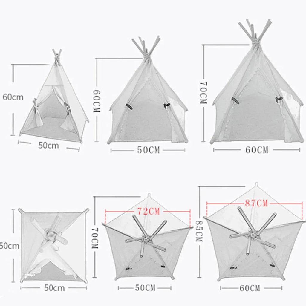 Striped flax linen pet teepee tent with cushion for small dogs or cats.