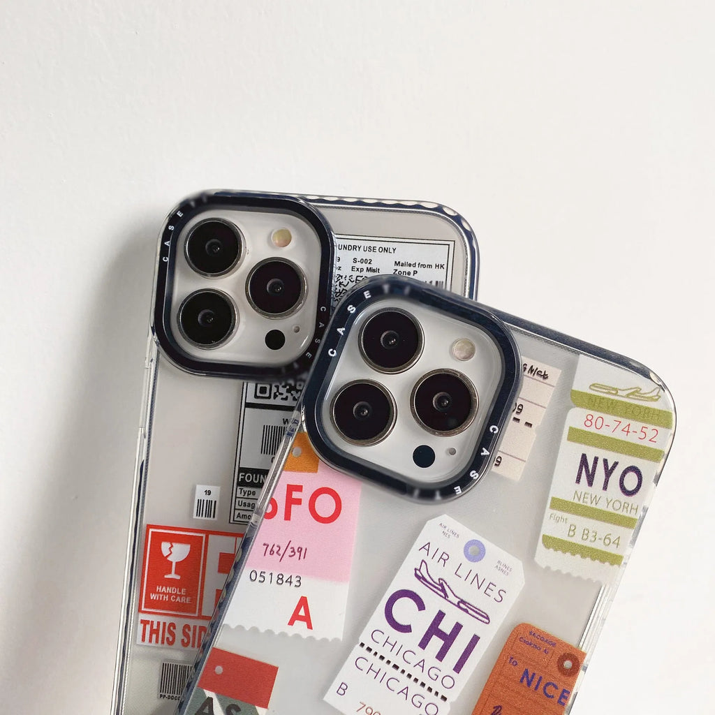 Travel ticket label transparent TPU phone case for Apple iPhone, anti-drop protective cover with coloured painting design