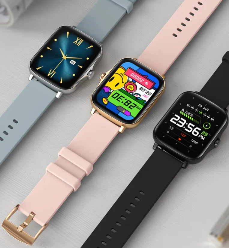 Blue smart sports watch with 1.7-inch touch screen on a wrist, showing a fitness tracking interface.