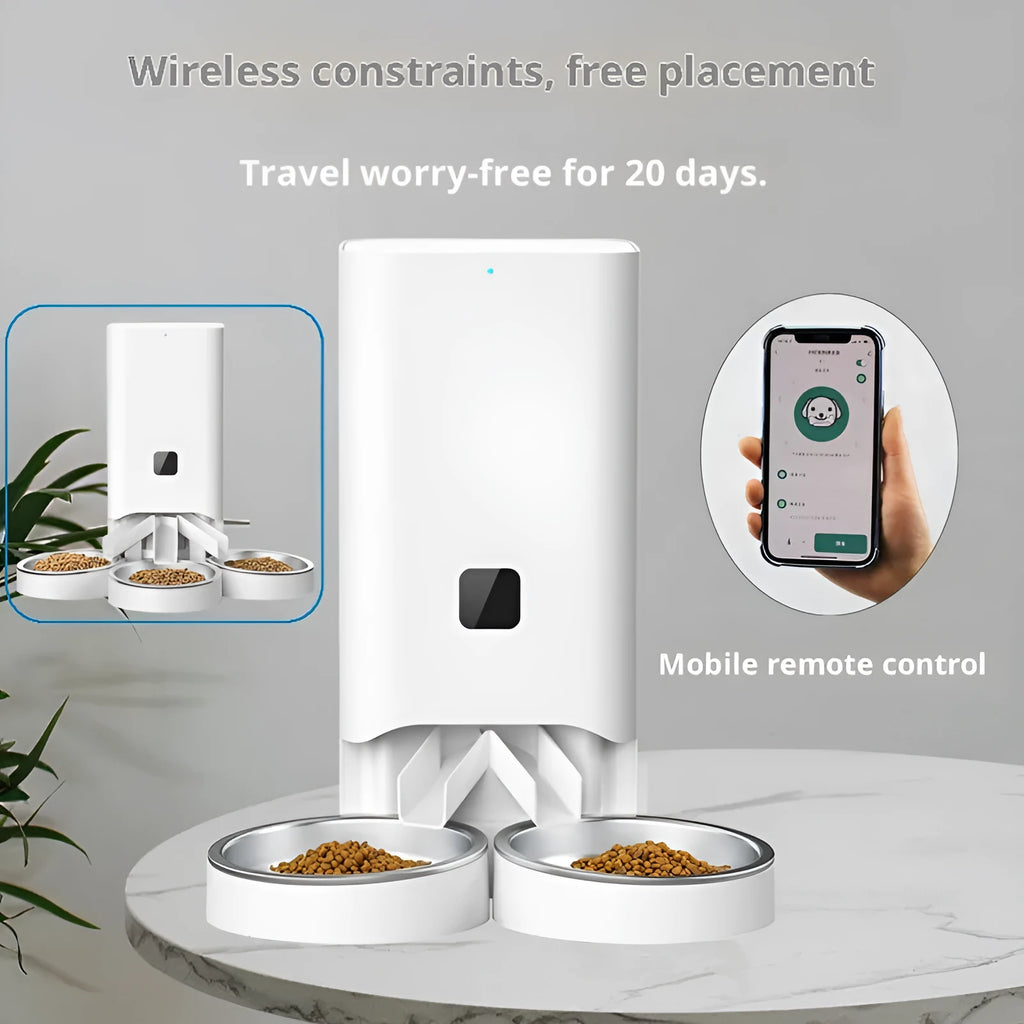 Multiple smart pet automatic feeder B58 with timed and quantitative feeding, three stainless steel bowls, white body