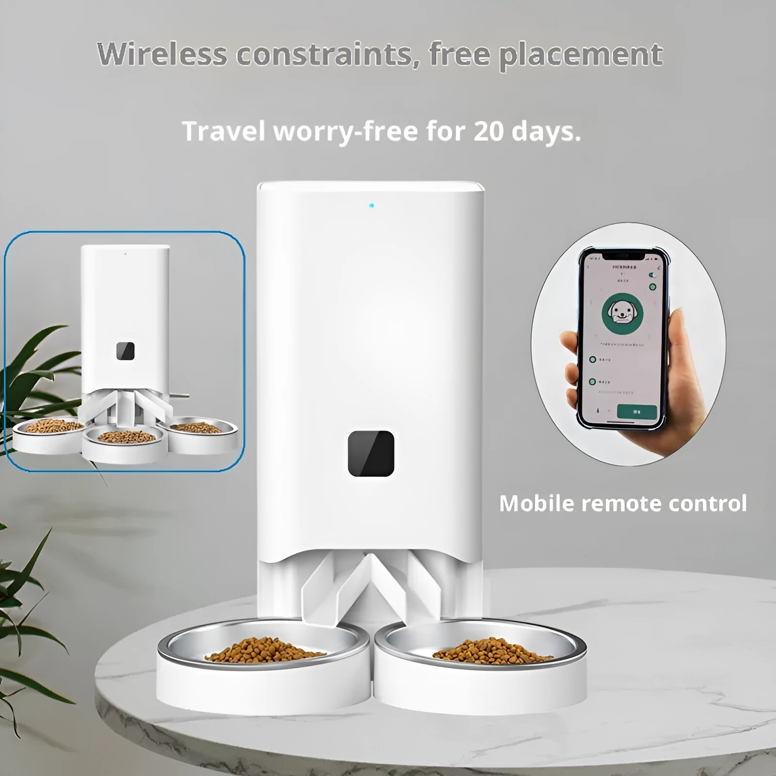 Multiple smart pet automatic feeder B58 with timed and quantitative feeding, three stainless steel bowls, white body