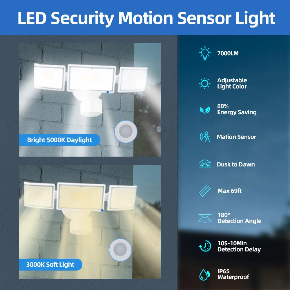 White 120V LED motion-activated security flood light with PIR sensor mounted on an exterior wall.