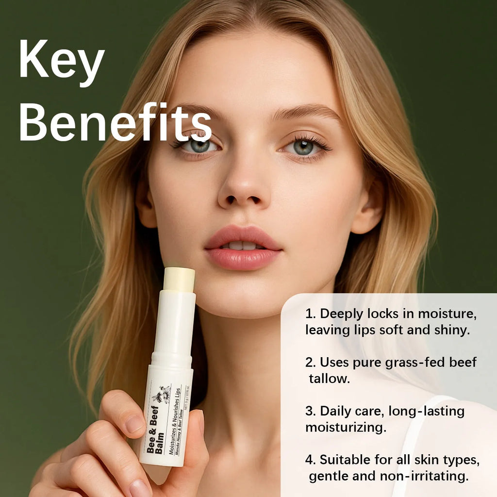 Organic grass-fed beef fat lip balm tube measuring 83mm with 5g content for dry lips