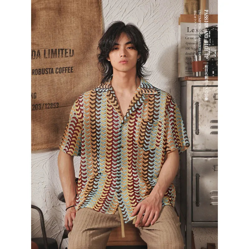 Grey short sleeve shirt with Japanese Cuban collar and hollow jacquard pattern, slim fit for plus sizes.