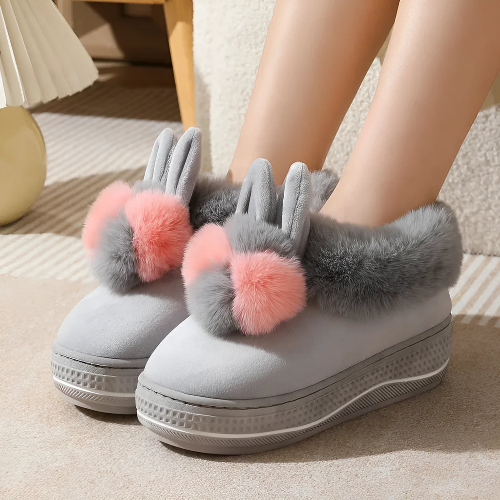 Women's winter high heel slippers in grey with plush upper and thick TPR sole