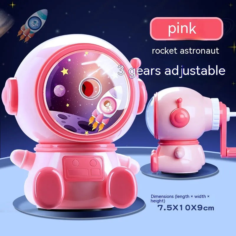 Blue cartoon astronaut manual pencil sharpener with anti-lead feature and adjustable levels