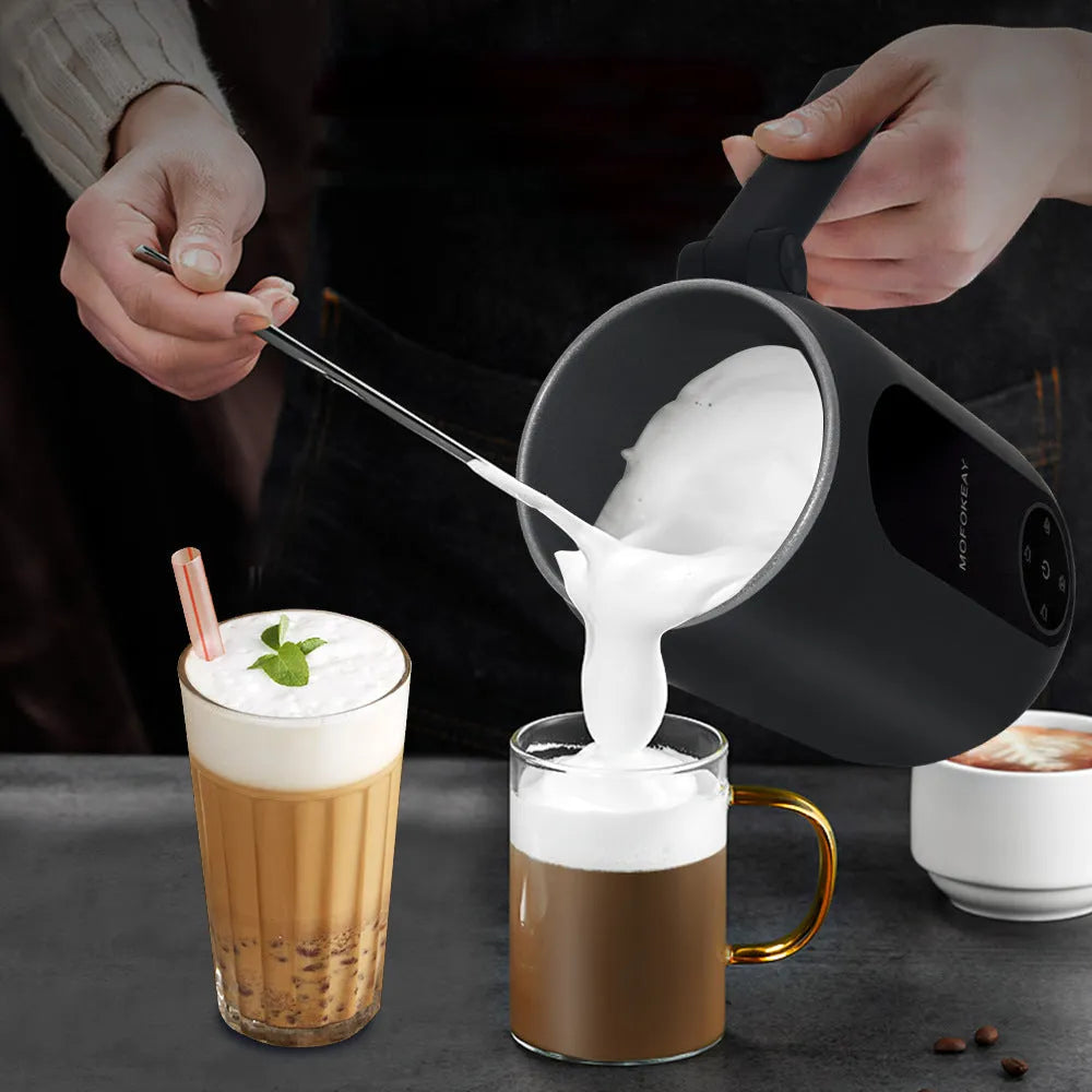 Black automatic electric milk frother with 450ml capacity, 304 steel liner, and touch control for hot and cold frothing