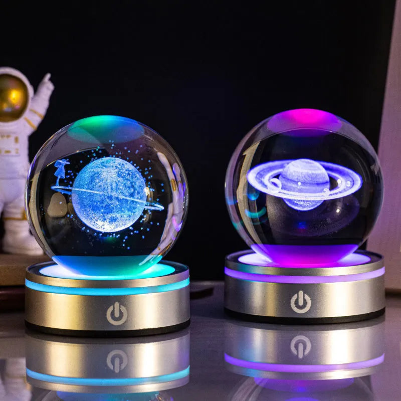 3D inner carving luminous crystal ball night lamp, 8cm white crystal, USB touch base