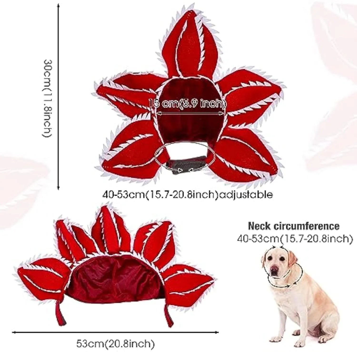 Dog wearing Halloween demon headband costume with chomper teeth and pink flower decoration