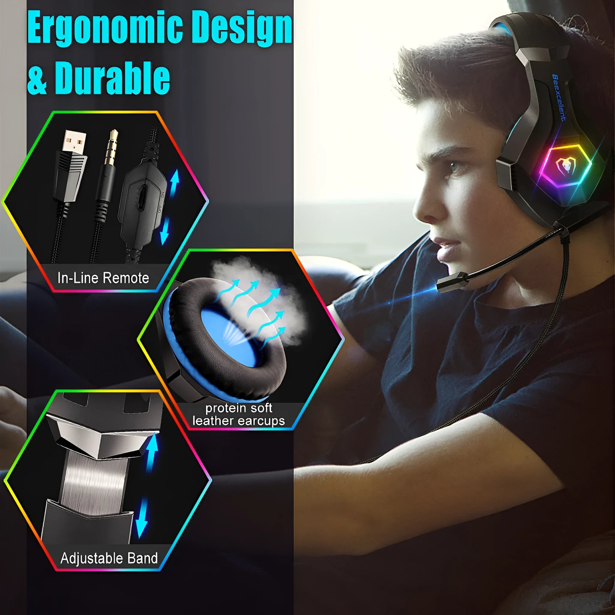 Thunder Wear Luminous gaming headset with microphone showing black with coloured accents and visible 50mm driver size