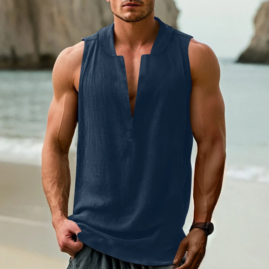 Man wearing a mint green sleeveless cotton linen casual shirt