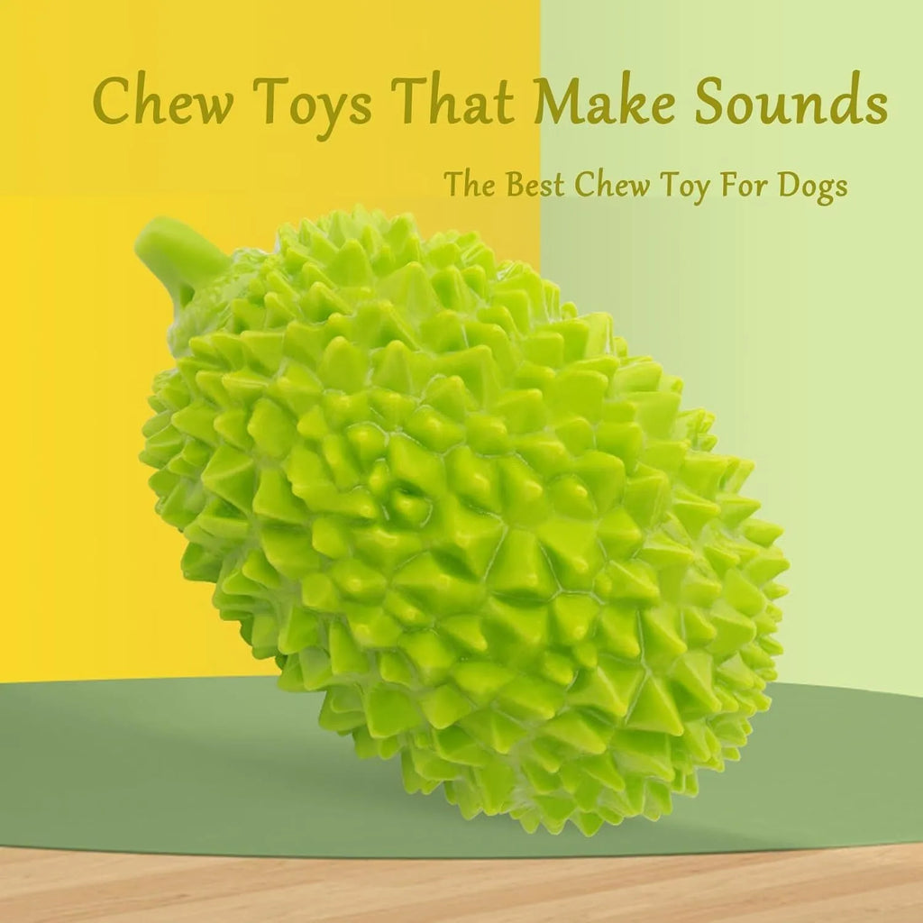 Beige, green and yellow durian-shaped dog chew toy with raised texture for dental cleaning