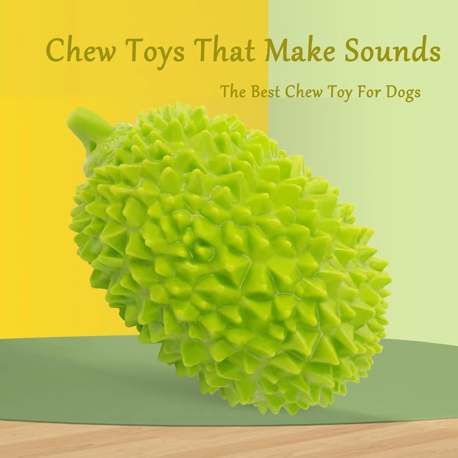 Beige, green and yellow durian-shaped dog chew toy with raised texture for dental cleaning