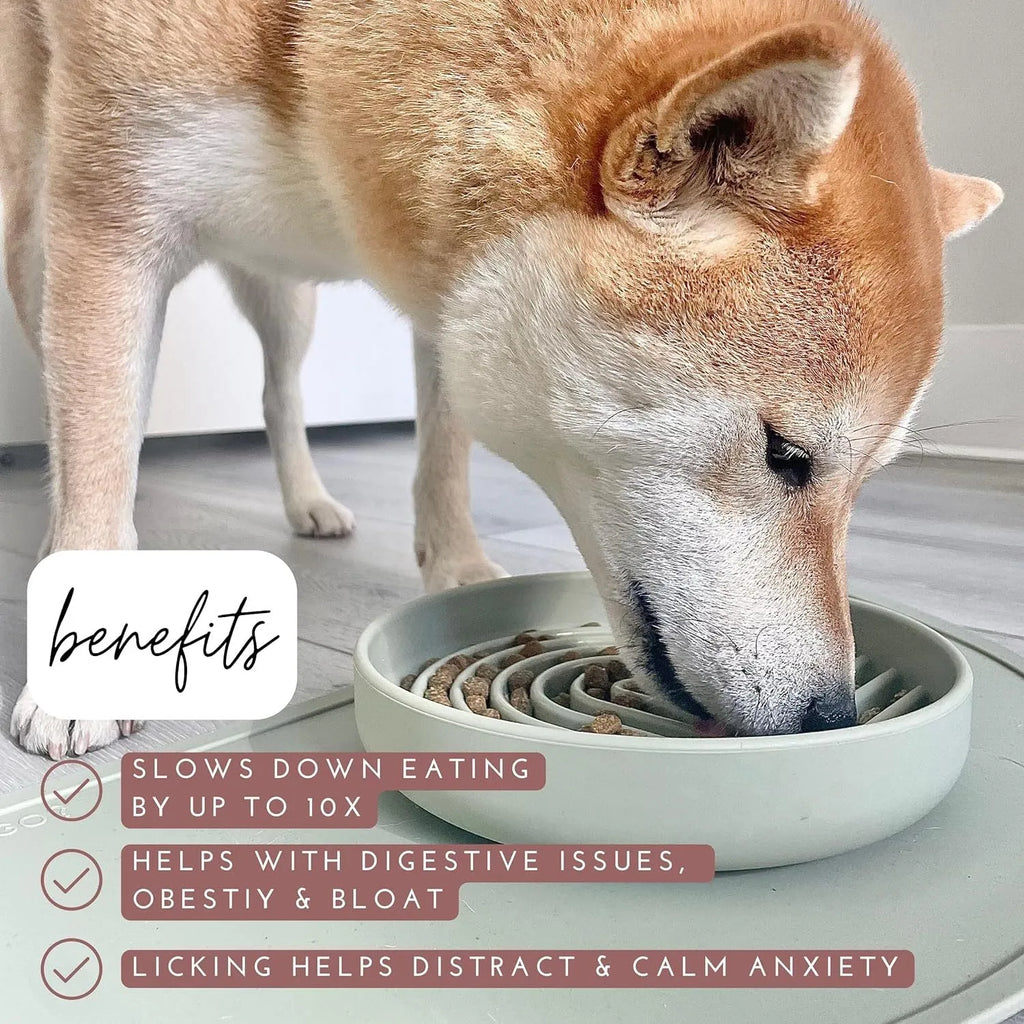 Silicone dog slow feeder bowl with ridges and nooks, shown in beige colour