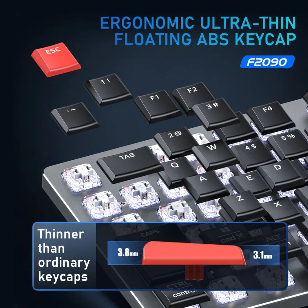 Wireless mechanical keyboard with 104 keys, black shaft, blue backlight, slim profile on desk