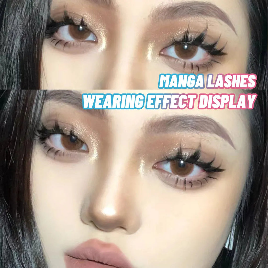 Five pairs of natural wispy manga false eyelashes in a tray, anime cosplay makeup style
