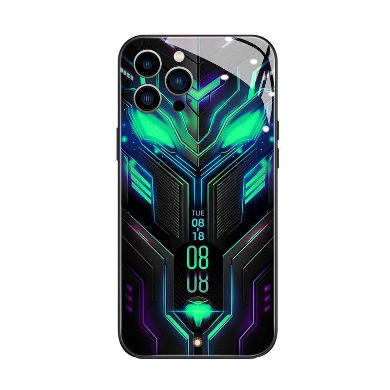 Racing car creative style light glass phone case in green or purple, half pack design for iPhone 11 to 15 series